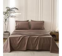 BDEAR 6PS Light Chocolate Brown Bedding Sets Linen Like Cotton Bed Set Oeko-TEX Standard 100% Washed Cotton Deep Pocket King Size Fitted Sheet Plus Cozy Flat Sheet and 4 Pillowcases