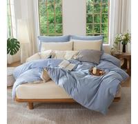 BDEAR INS Feel Double Sided Reversible Duvet Cover Queen Size 90''W x 90''L, Oeko TEX Standard Washed Cotton Duvet Cover with Zipper Closure Plus 2 Pillowcases, Cornflower Blue Plus Almond Milk Grey