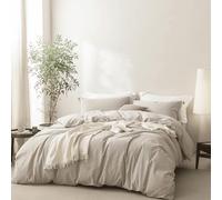 BDEAR Linen Feel Cream Grey Duvet Cover Oversized Queen Size 98'' L x 98'' W, 100% Washed Cotton Duver Cover with Zipper Closure Plus 2 Pillowcases, Oeko TEX Standard Certificated