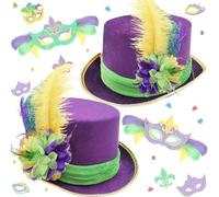 Bdecoll 2 Pack Mardi Gras Costume Hats with Purple Green Feathers, Venetian Masquerade Mardi Gras Hat for Masquerade Party, Carnival