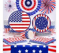 Bdecoll 48pcs USA Themed DISHWARE_PLACE_SETTING for 16 Guests, American Flag Design, 4th July Party
