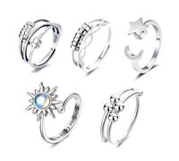 BDEPSTR Adjustable Silver Rings Set with Star, Moon & Butterfly | For Girls & Men