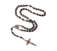 BDEPSTR Catholic Cross Rosary Necklace, Natural Wood Prayer Beads with Cross Medal Jesus Christ Saint Benedict for Catholic Christians Religious Communion, Baptism, Mass, Bible