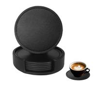 Bdfgh Set of 6 Leather Coasters with 1 Holder for Drinks, Drink Coasters Table Coaster Room/Kitchen/Living Room Accessories, for Cups Mugs Housewarming Gifts Home Decoration Green Navy Black (Black)