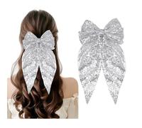 Bdfgh Silver Hair Bow Tie, Sparkly Hair Accessory for Women Girls, Glitter Sequin Bow Tie for Birthdays Holidays Parties (Silver)