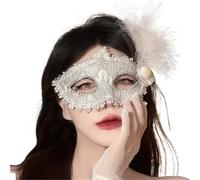 BDFJEDS Feather Mask Feather Half Face Mask Women Lace Flower Wedding Party Performance Costume Masquerade(White)