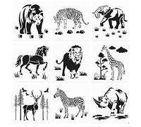 BDHI 9pcs 8inch Animal Stencil Templates Reusable Animal Painting Stencil Bear Tiger Elephant Horse Lion Giraffe Zebra Rhino Deer for DIY Art Craft Scrapbook Card Wall Floor Glass Home Decor(Y41-9)