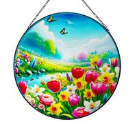 BDHRKTE Tulip Butterfly Suncatcher Hanging,Springtime Suncatcher, Pink Stained Glass Window Hanging Colored Glass Wall Decor for Home Garden Office, Sun Catcher Gifts for Women Moms (Tulip)
