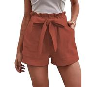 BDLINGAAS Summer Women's Loose Linen Casual Shorts with Pockets, Solid Color High Waisted Wide Leg Pants Coral Red