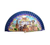 BDM Toledo Hand Fan | Design: Blue Tile and Monuments | Souvenir of Spain (Alcazar, Cathedral and Tagus) | Folding Fan, Standart, standart