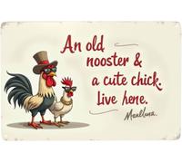 BDRKLDC 8X12 inch Funny Farm Plaque Cute Chicken Metal Tin Sign Vintage Style An Old Rooster & A Cute Chick Live Here Iron Sign Home Kitchen Wall Decor.