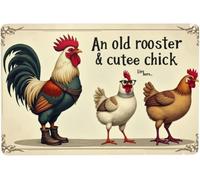 BDRKLDC 8x12inch Funny Chicken Metal Sign An Old Rooster A Cute Chick Live Here Vintage Tin Sign For Home Farm Chicken Coop Farmhouse Kicthen Garden Decor.