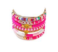 BDSHGRDH beaded bracelets， Surfer Colorful Clay Happy Smile Evil Eye Stackable Bracelet Bohemia Multicolor Gold Ball Bead Stretch Jewelry(Pink)