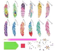 BDSHUNBF 12 PCS 5D Diamond Painting Bookmarks Feather, Arts and Crafts Kits for Kids 5D DIY Feather Diamond Art with Crystal Pendant, Bookmark DIY Craft Gifts Set for Children Adults Girls Woman