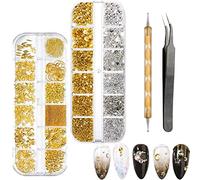 BDSHUNBF 1400 Pcs Nail Art Rhinestone, Gold Flat Back Gems, Stars Moon Crystal Nail Art Charms,Gold Rhinestones, Nail Diamonds, with Rhinestones Picker and Tweezers, for Nail Decoration, YELLOW