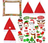 BDSHUNBF 37PCS Christmas Photo Booth Props, Christmas Party Photo Booth, Christmas Inflatable Selfie Photo Frame, Xmas Santa Hat DIY Dress-up Party Decorations Photography Selfie Props Set