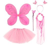BDSHUNBF 5 Pcs Fairy Wings & Dressing Up Costume for Girls - Butterfly Wings, Tutu, Magic Wand & Headband Set
