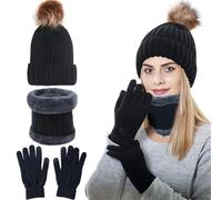BDSHUNBF Women's Black Bobble Hat, Gloves, Scarf Set - Thermal Warm Winter Outdoor Ski Hat With Detachable Pom Pom - Gifts for Women, Teenage Girls