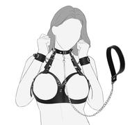 BDSM Adjustable Breast Restraints Set for B to E Cup, Under-Bust 29-40.2in, Dual-Layer PU Leather Harness with Collar Handcuffs Traction Chain for Couples