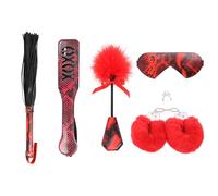 BDSM Adult Sex Toys 5 Pcs Bondage Set Polyester Eye Mask Plush Handcuffs Pu Leather Spanking Paddle Tassel Whip Feather Tickle Red Black One Size