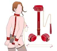 BDSM Adult Sex Toys for Couples - Premium Leather Neck to Wrist Kit with Handcuffs, Collar & Traction Chain with Soft Faux Fur, Nipple Clamps | Universal Size Bondage Gear Accessories for Couple Kinky