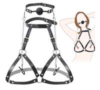 BDSM Bondage Leather Breasts Restraints Harness, 3 in 1 Sex Bondage Set Chest Harness Silicone Ball Gag Nipple Clamps Neck Collar, Fetish Sexy Bra Lingerie Set Boobs Cincher Sex Toy, A to C Cup