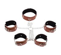 BDSM Bondage to The Bed Handcuff Toy Sex Restraints PU Leather Collar Fetish Chain Hand Cuffs Harness Slave Neck Cuff Adult Game Kits Brown One Size