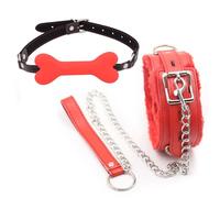 BDSM Bone Shape Mouth Gag and Leather Plush Restraint Choker, Couple Bondage Training Kit for Sexual Role-Playing -UKLC023Z (Red, B:Same and Cheaper)