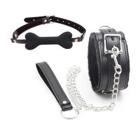 BDSM Bone Shape Mouth Gag and Leather Plush Restraint Choker, Couple Bondage Training Kit for Sexual Role-Playing -UKLC023Z (Black, B:Same and Cheaper)