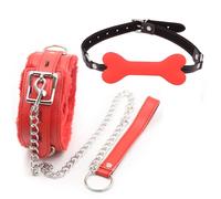 BDSM Bone Shape Mouth Gag and Leather Plush Restraint Choker, Couple Practical Bondage Training Kit for Sexual Role-Playing -UKGC23Z (Red, B:Same and Cheaper)