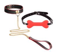 BDSM Bone Shape Restraint Mouth Gag and Comfortable Leather Choker, Couple Bondage Training Kit for Sexual Role-Playing -UKLC025Z (Red, B:Same and Cheaper)