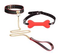 BDSM Bone Shape Restraint Mouth Gag and Comfortable Leather Choker, Couple Practical Bondage Training Kit for Sexual Role-Playing -UKGC25Z (Red, B:Same and Cheaper)