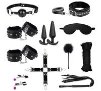BDSM Kit Bondage Set, 11 PCS Sex Kit Bed Restraints Accessories with Adjustable Handcuffs Collar Ankle Cuff Nipple Clamps Anal Plugs for Men Women Couples