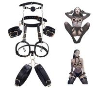 BDSM Kit Sex Breast Bondage Restraints, Upgrade 5 In 1 Detachable Wrist & Thigh Cuffs Neck to Thigh with Ball Gag Nipple Clamps, Adjustable Bed Restraints Sexy Harness,SM Game Sex toy for Women Couple
