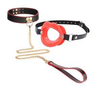 BDSM Lip-Shaped Restraint Mouth Gag and Comfortable Leather Choker, Couple Practical Bondage Training Kit for Sexual Role-Playing -UKGC29Z (Red, B:Same and Cheaper)