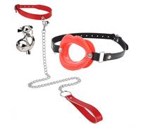 BDSM Lip-Shaped Restraint Mouth Gag and Leather Choker with Bell, Couple Practical Bondage Training Kit for Sexual Role-Playing -UKGC30Z (Red, B:Same and Cheaper)