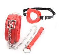 BDSM Lip-Shaped Restraint Mouth Gag and Leather Plush Choker, Couple Practical Bondage Training Kit for Sexual Role-Playing -UKGC27Z (Red, B:Same and Cheaper)