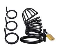 BDSM male chastity toy, large-sized chastity device, equipped with 3 sizes of rings, for male penis training, cock lock restraint equipment accessory, couple adult toy, comes with lock and key (black)