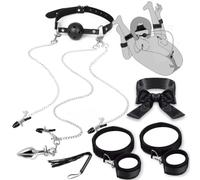 BDSM Restraint Set with Silicone Gag, Nipple Clamps, Leather Whip, Wrist/Thigh Cuffs, Ankle Shackles & Blindfold for Adult Couples