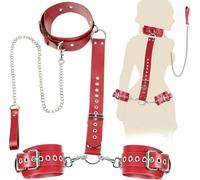 BDSM Restraint Sex Toy Leather Neck to Wrist Restraints Bondage Set with Leash Chain Behind Back Handcuffs Collar SM Games Play Sexy Slave Roleplay Toy for Couples S&M Whips (Red)