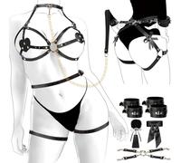 BDSM Sex Bondage Breast Restraints Thigh Harness Kit Sex Toys for Women, 8PCS Sets with Adjustable Handcuffs Ankle Cuff Blindfold Cross Strap Paddle Feather Traction Chain for SM Adult Couples Play
