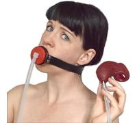BDSM Silicone Urinal Mouth Gag with Tube & Stretchy Condom | Adjustable Leatherette Head Harness | Fetish Sex Toy for Slaves & Champagne Games | Bondage Mouth Gag for Couples