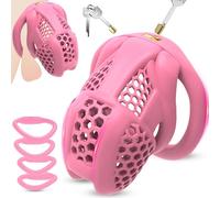 BDSMJOY Mini Chastity Device Cock Cage Sex Toys for Men, Chastity Cage Body-Safe Penis Cage with 4 Sizes Cock Rings, Adult Toys BDSM Bondage for Man Penis Exercise (Pink, L)