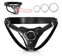 BDSMJOY Strap On Realistic Harness Adult Sex Toys for Women Men Pegging Dildo, Adjustable Waist and Thigh Leather Belt with 3 Size Metal O-Rings for Lesbian Gay Couple Vaginal Anal Play