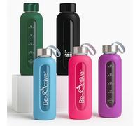Be-Active 1L Glass Water Bottle - Time Markers, Leakproof Screw Lid, BPA-Free, Silicone Sleeve, Reusable Hydration Bottle for Gym, Office, Travel