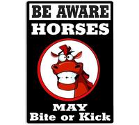 Be Aware Horses May Bite Or Kick Sign Metal Tin Signs, Be Aware Horses Poster for Home Office Farm Pasture Mountain Man Cave Wall Decor Plaque Sign 12x8 Inch