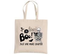 Be Buz Boo Just One More Chapter Halloween Multicolor Tote Bag - Trick or Treat Cotton Book Lover Reusable Bag for Halloween Natural, Black and Orange (Natural)