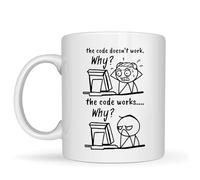 Be Buz Funny Programmer Mug The Code Doesn’t Work Why The Code Works Why - 11oz White Ceramic Coffee Cup - Coding Humor Gift for Developers
