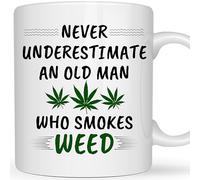 Be Buz Funny Weed Mug Never Underestimate an Old Man Who Smokes Weed - 11oz White Ceramic Coffee Cup - Canna ift for Him