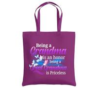 Be Buz Grandma Tote Bag, Being A Great Grandma Is Priceless Reusable Cotton Shopping Bag - Gift for Nana (Magenta)